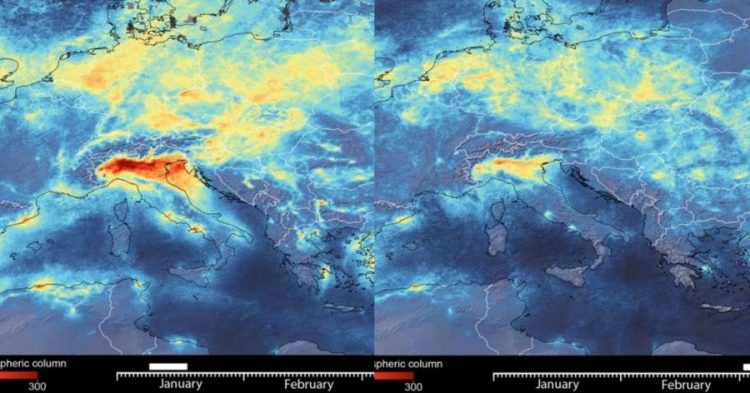 Comparação da poluição na Itália em janeiro de 2020 (à esquerda), e em março de 2020 (à direita). (foto: satélite Copernicus Sentinel / ESA)