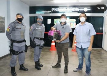 Animal e os dois homens, foram conduzidos e apresentados ao 1° Distrito Integrado de Polícia (DIP) para a conclusão dos procedimentos legais. FOTO: Divulgação / PMAM