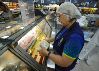 Servidora da Visa Manaus fiscalizando produtos alimentícios em supermercado durante a operação “Natal com Saúde”
