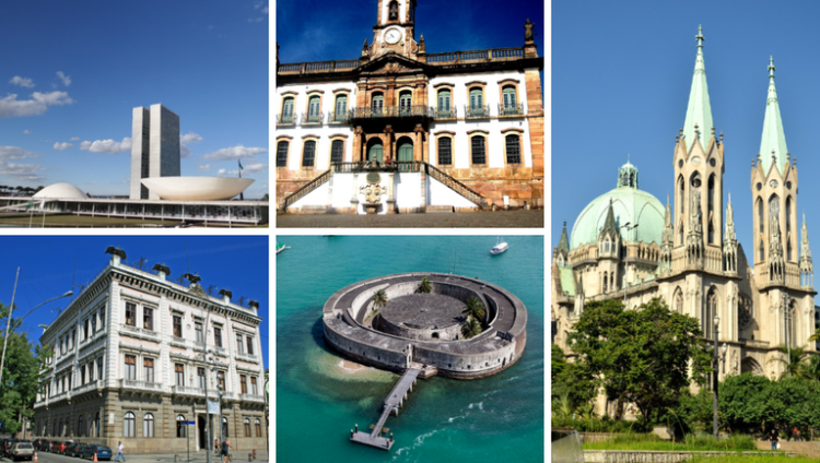 Congresso Nacional (Brasília/DF). Museu da Inconfidência (Ouro Preto/MG). Palácio do Catete (Rio de Janeiro/RJ). Forte de São Marcelo (Salvador/BA). Catedral da Sé (São Paulo/SP). Foto: Divulgação