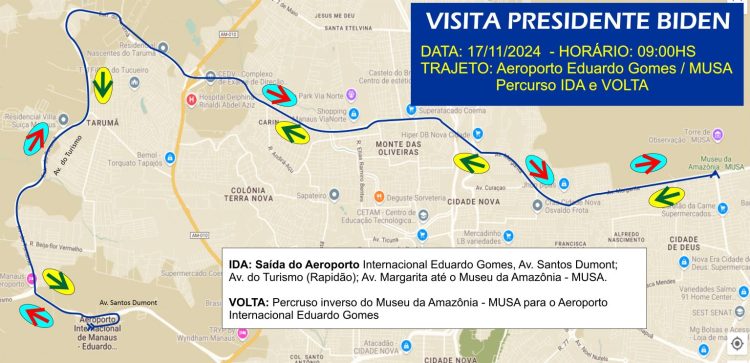Ilustração do trajeto da visita do presidente do EUA, Joe Biden. Foto: Divulgação/Prefeitura de Manaus