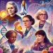 A digital illustration featuring six pioneering women scientists together in a vibrant, semi-realistic style. The image includes Marie Curie holding.(Imagem feita por IA)