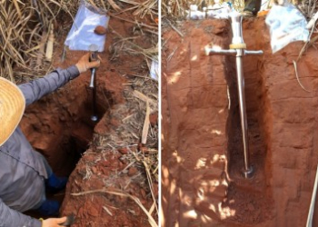 Pesquisador retira amostras de solo para análise em diferentes camadas. Estudo quantificou perdas de diferentes conversões em cada bioma brasileiro (fotos: Júnior Melo Damian/Embrapa Agricultura Digital)
