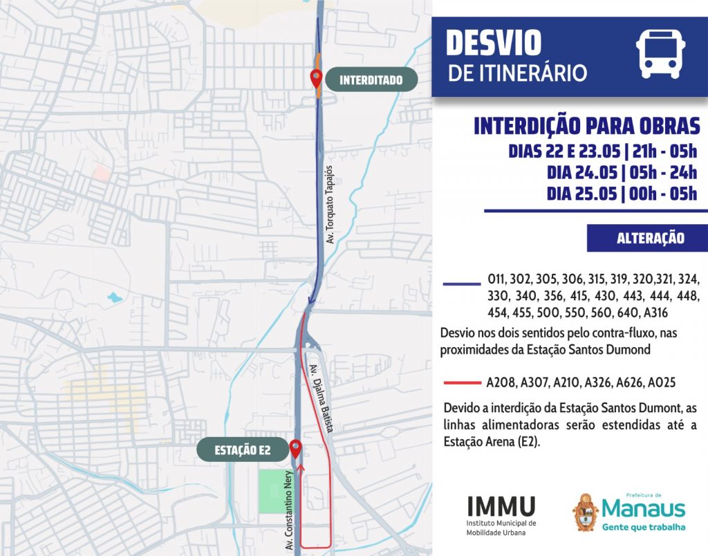 Manaus informa interdição temporária da plataforma de ônibus Santos Dumont para avanço das obras da nova passarela
