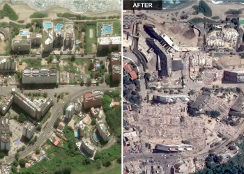 Imagens de satélite mostram edifícios altos em Caraballeda, Venezuela, antes (à esquerda) e depois dos terremotos que atingiram o país em 24 de junho. Foto: CNES