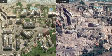 Imagens de satélite mostram edifícios altos em Caraballeda, Venezuela, antes (à esquerda) e depois dos terremotos que atingiram o país em 24 de junho. Foto: CNES