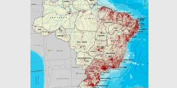 As áreas com mais pontos vermelhos no mapa indicam as superfícies mais urbanizadas do país - Mapa IBGE