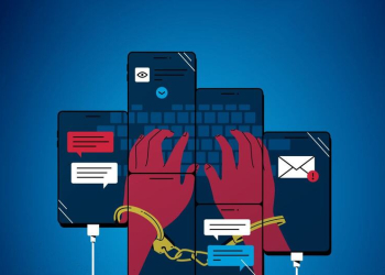 Ilustração representando mãos algemadas em smartphones, simbolizando a criminalidade forçada e os golpes online como forma de tráfico humano. Foto: Unodc