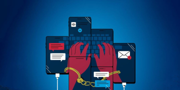 Ilustração representando mãos algemadas em smartphones, simbolizando a criminalidade forçada e os golpes online como forma de tráfico humano. Foto: Unodc