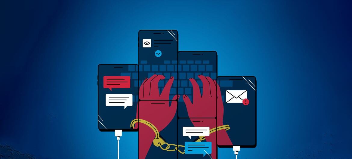 Ilustração representando mãos algemadas em smartphones, simbolizando a criminalidade forçada e os golpes online como forma de tráfico humano. Foto: Unodc
